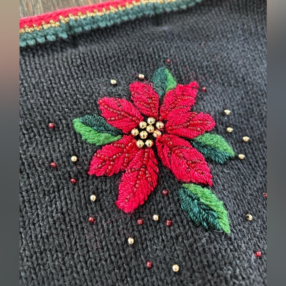 Vtg Christopher & Banks Christmas Sweater Cardigan 22” P2P Black Poinsettias - Picture 12 of 12